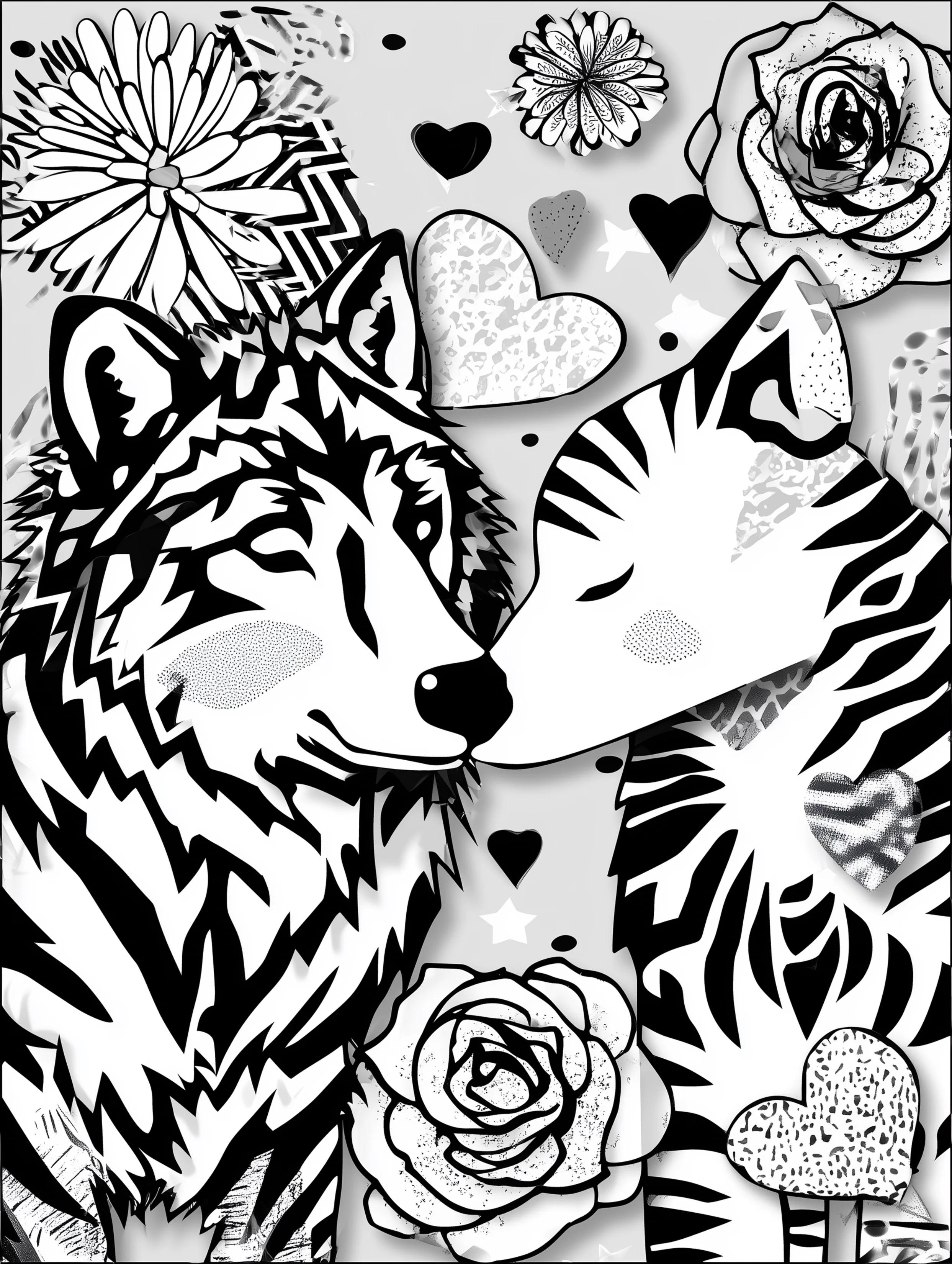 Free printable wolf coloring page for adults featuring two wolves touching noses